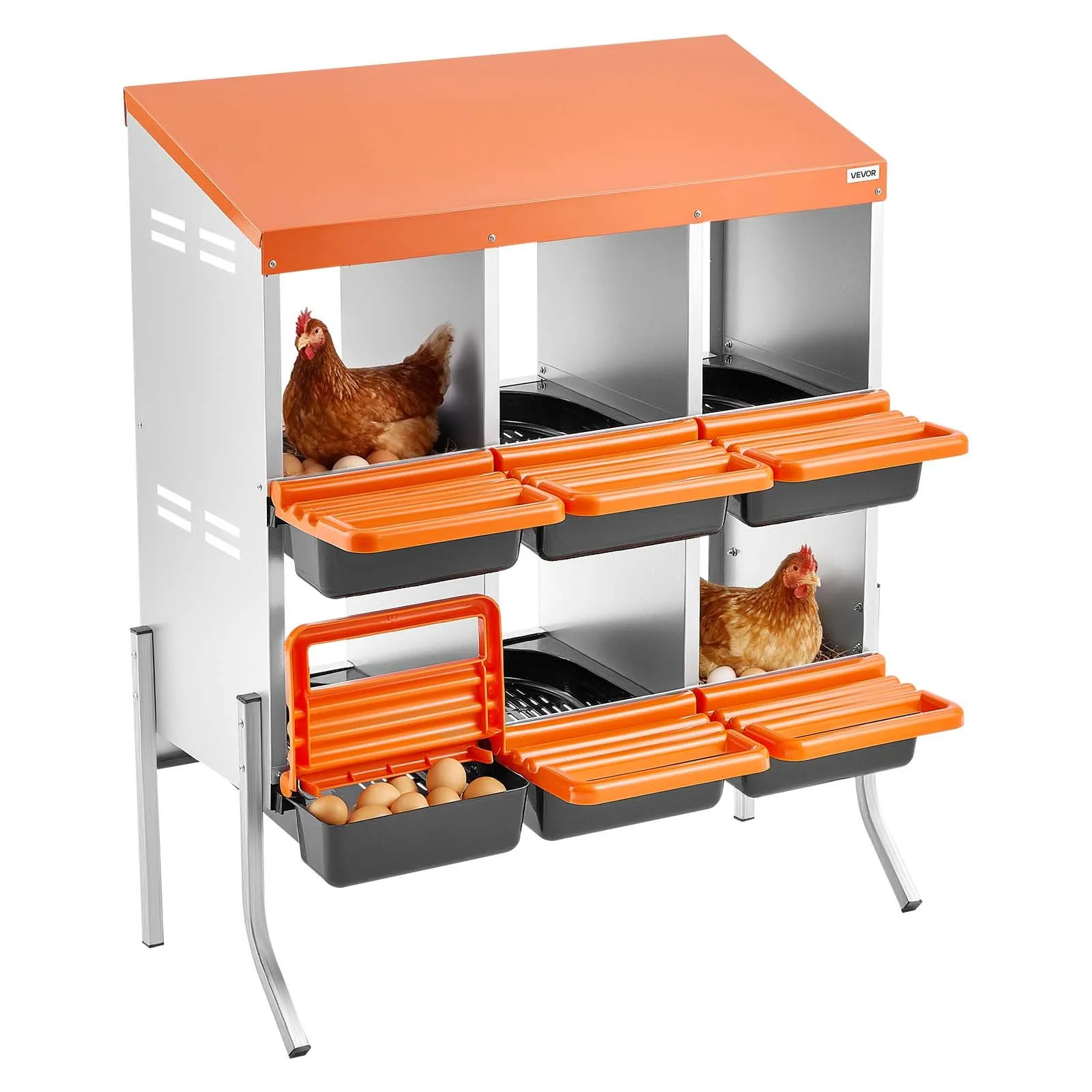 Chicken Nesting Boxes, 3 Compartments, with Support Legs, Easy Egg Collection, Galvanized Steel and High-Strength Plastic, Roll Away Nesting Boxes for Chickens and Hens Laying Eggs, Orange