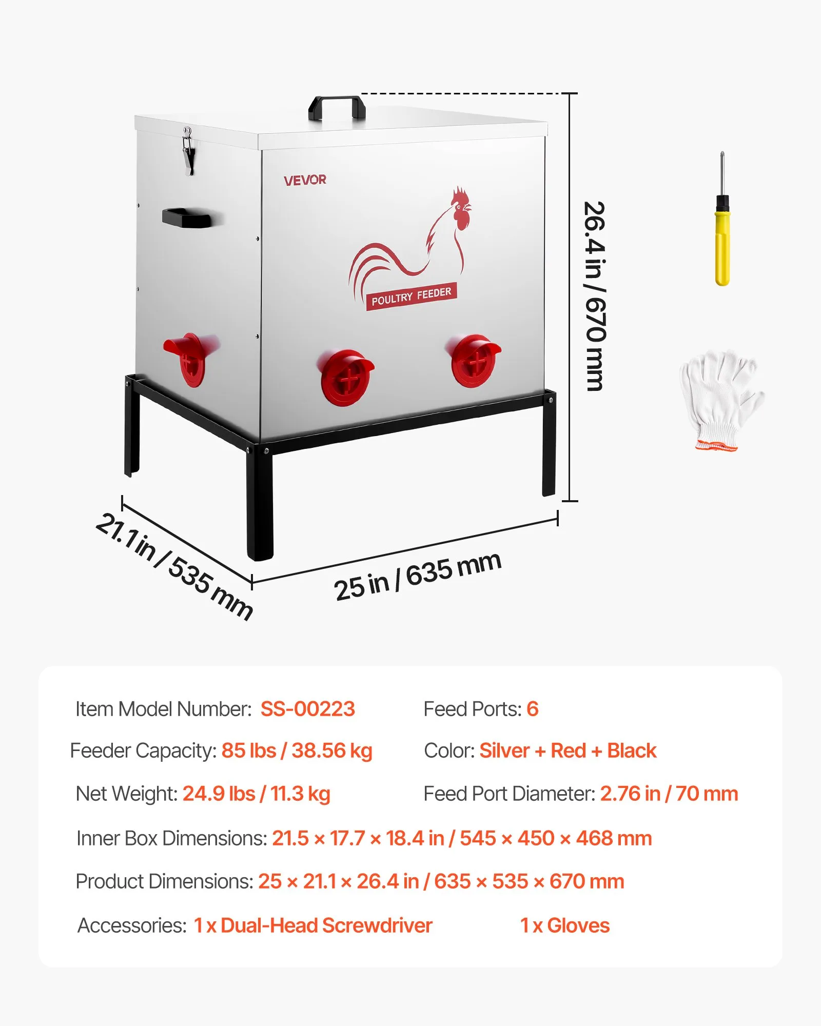 Automatic Chicken Feeder, 85 lbs Capacity, 6 Feeding Ports No-Waste Poultry Feeder with Built-In Divider, with Latch & Handle, Metal Construction, for Chickens Bantams Pheasants Poultry Coop