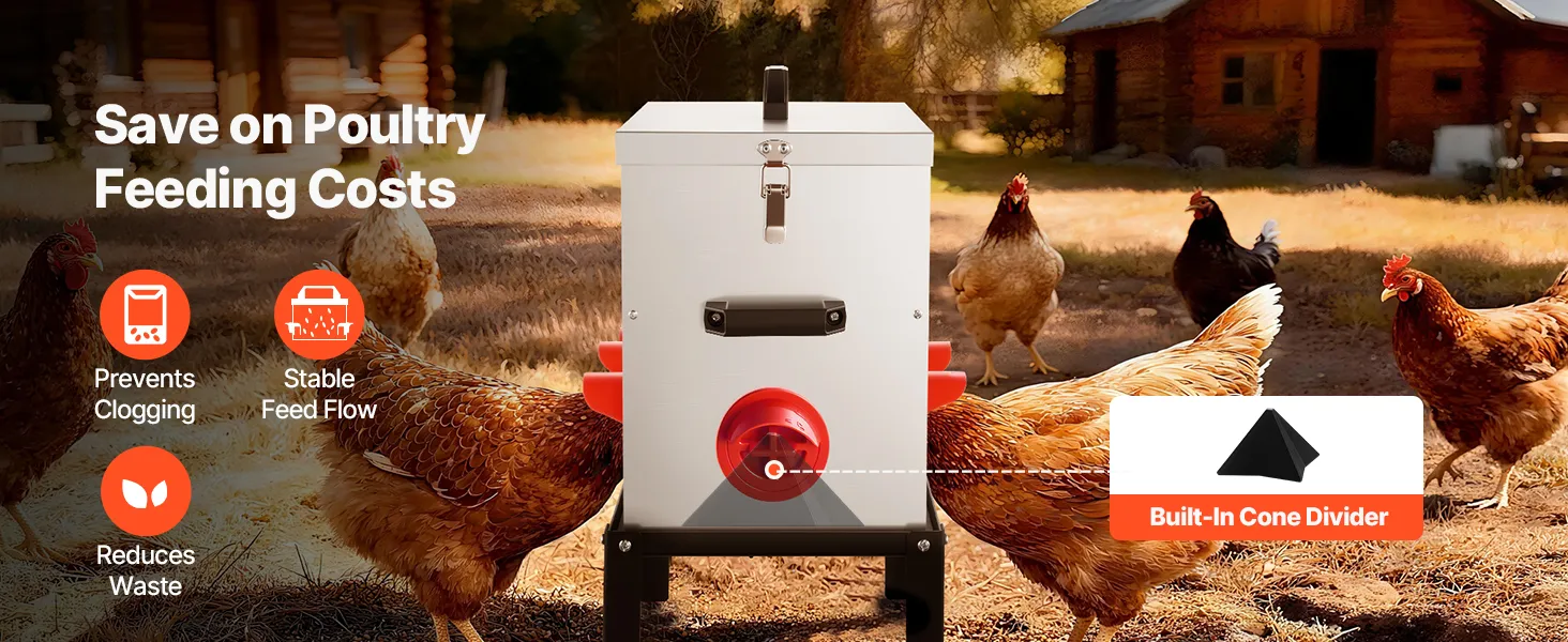 Automatic Chicken Feeder, 40 lbs Capacity, 6 Feeding Ports No-Waste Poultry Feeder with Built-In Divider, with Latch & Handle, Metal Construction, for Chickens Bantams Pheasants Poultry Coop