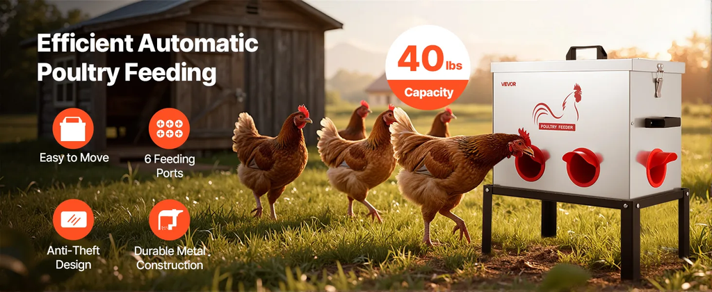 Automatic Chicken Feeder, 40 lbs Capacity, 6 Feeding Ports No-Waste Poultry Feeder with Built-In Divider, with Latch & Handle, Metal Construction, for Chickens Bantams Pheasants Poultry Coop