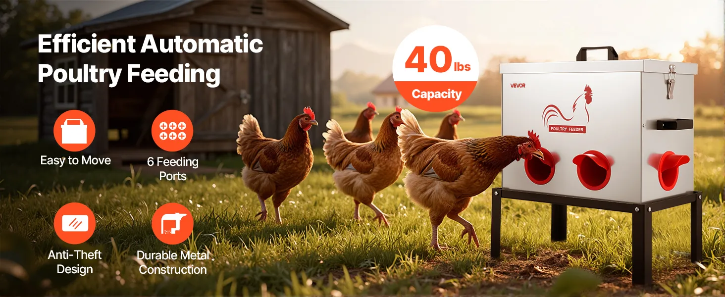 Automatic Chicken Feeder, 40 lbs Capacity, 6 Feeding Ports No-Waste Poultry Feeder with Built-In Divider, with Latch & Handle, Metal Construction, for Chickens Bantams Pheasants Poultry Coop
