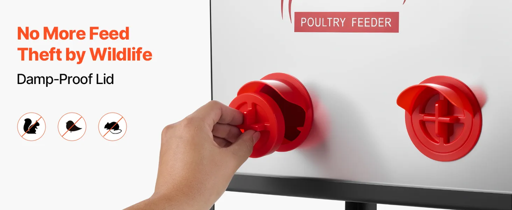 Automatic Chicken Feeder, 40 lbs Capacity, 6 Feeding Ports No-Waste Poultry Feeder with Built-In Divider, with Latch & Handle, Metal Construction, for Chickens Bantams Pheasants Poultry Coop