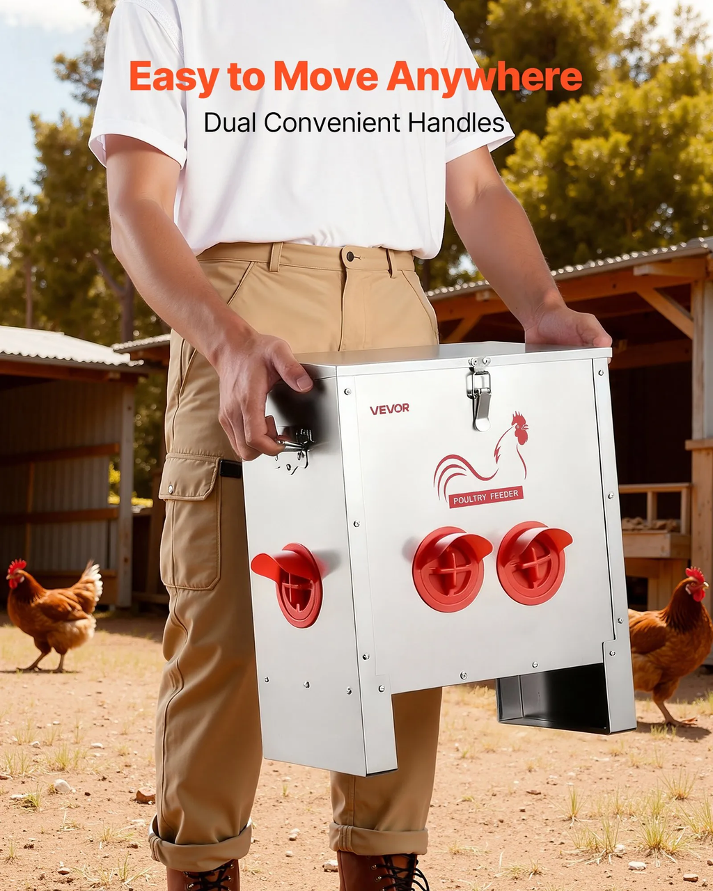 Automatic Chicken Feeder, 25 lbs Capacity, 6 Feeding Ports No-Waste Poultry Feeder, Automatic Gravity, with Handle Latch Lid, Metal Construction, for Chickens Bantams Pheasants Poultry Coop