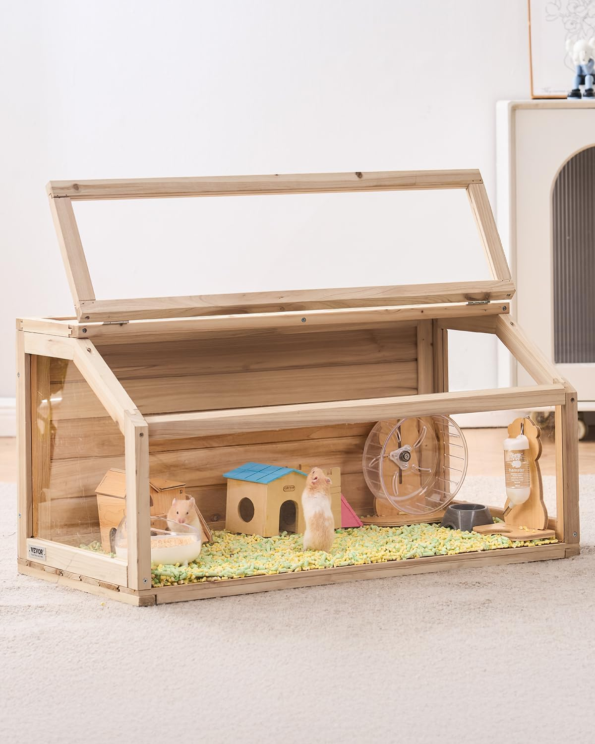 Wooden Hamster Cage, 270º Viewing Hamster Habitat, 32 x 16 x 16 in, Dwarf Hamster Cages with Openable Top, Ventilated Small Animal Cage, Pet Mouse, Gerbils, Rats, Guinea Pigs, Mice