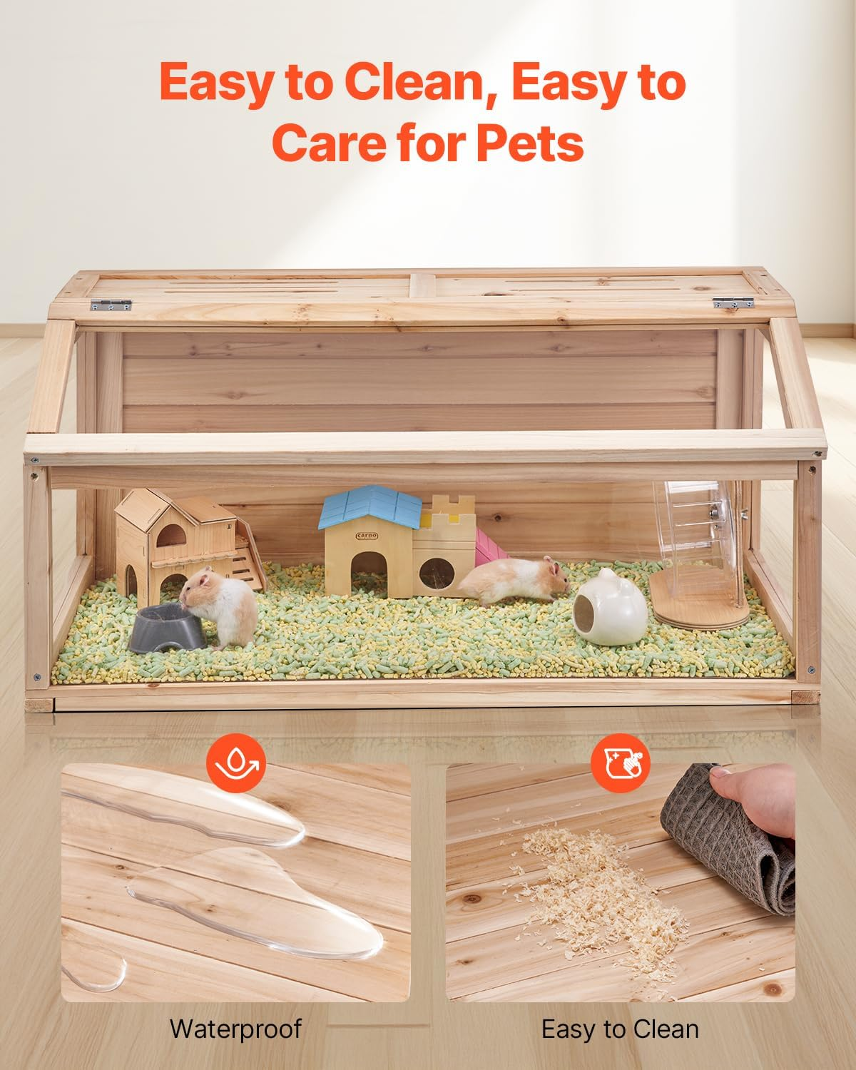 Wooden Hamster Cage, 270º Viewing Hamster Habitat, 32 x 16 x 16 in, Dwarf Hamster Cages with Openable Top, Ventilated Small Animal Cage, Pet Mouse, Gerbils, Rats, Guinea Pigs, Mice