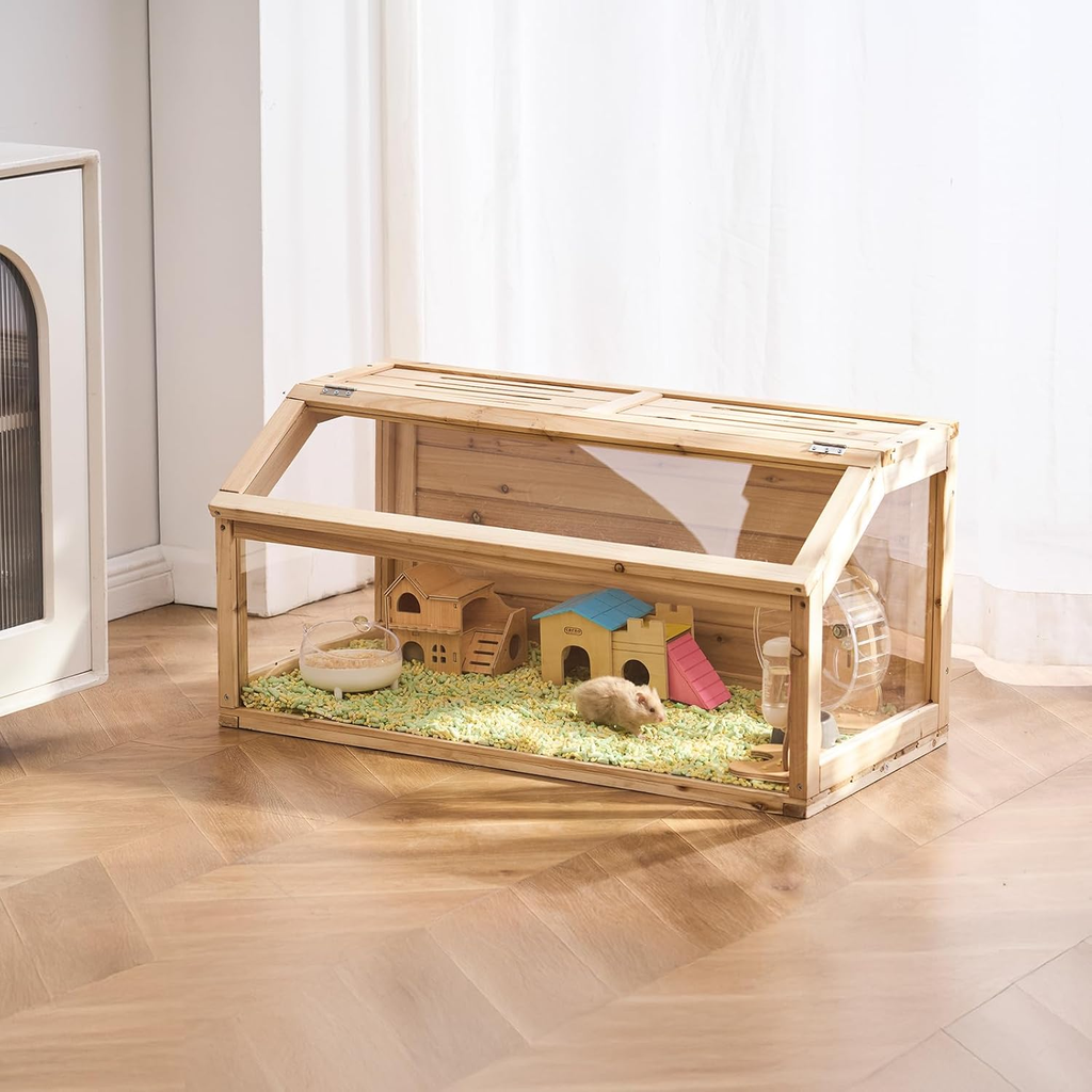 Wooden Hamster Cage, 270º Viewing Hamster Habitat, 32 x 16 x 16 in, Dwarf Hamster Cages with Openable Top, Ventilated Small Animal Cage, Pet Mouse, Gerbils, Rats, Guinea Pigs, Mice