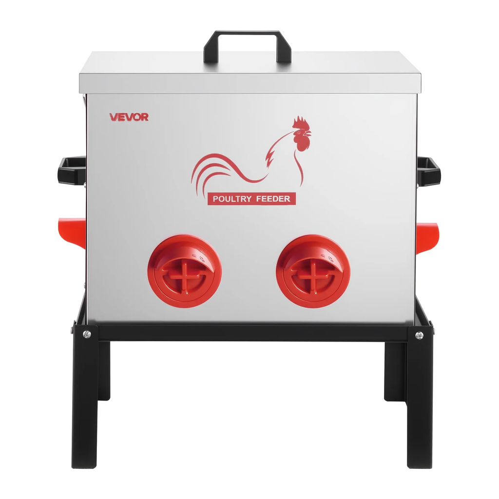 Automatic Chicken Feeder, 40 lbs Capacity, 6 Feeding Ports No-Waste Poultry Feeder with Built-In Divider, with Latch & Handle, Metal Construction, for Chickens Bantams Pheasants Poultry Coop
