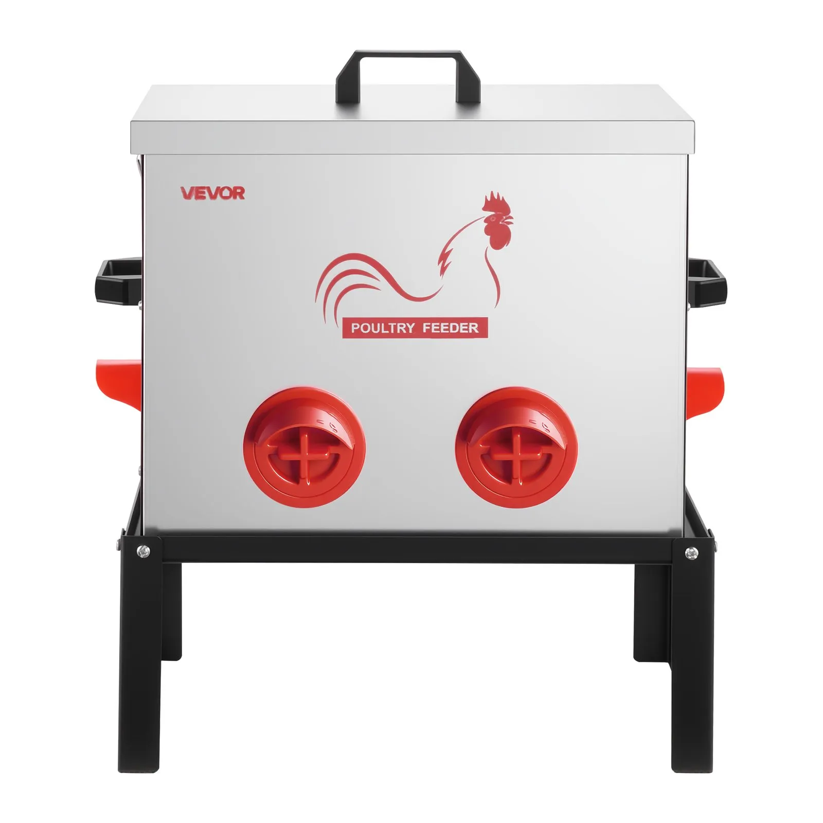 Automatic Chicken Feeder, 40 lbs Capacity, 6 Feeding Ports No-Waste Poultry Feeder with Built-In Divider, with Latch & Handle, Metal Construction, for Chickens Bantams Pheasants Poultry Coop