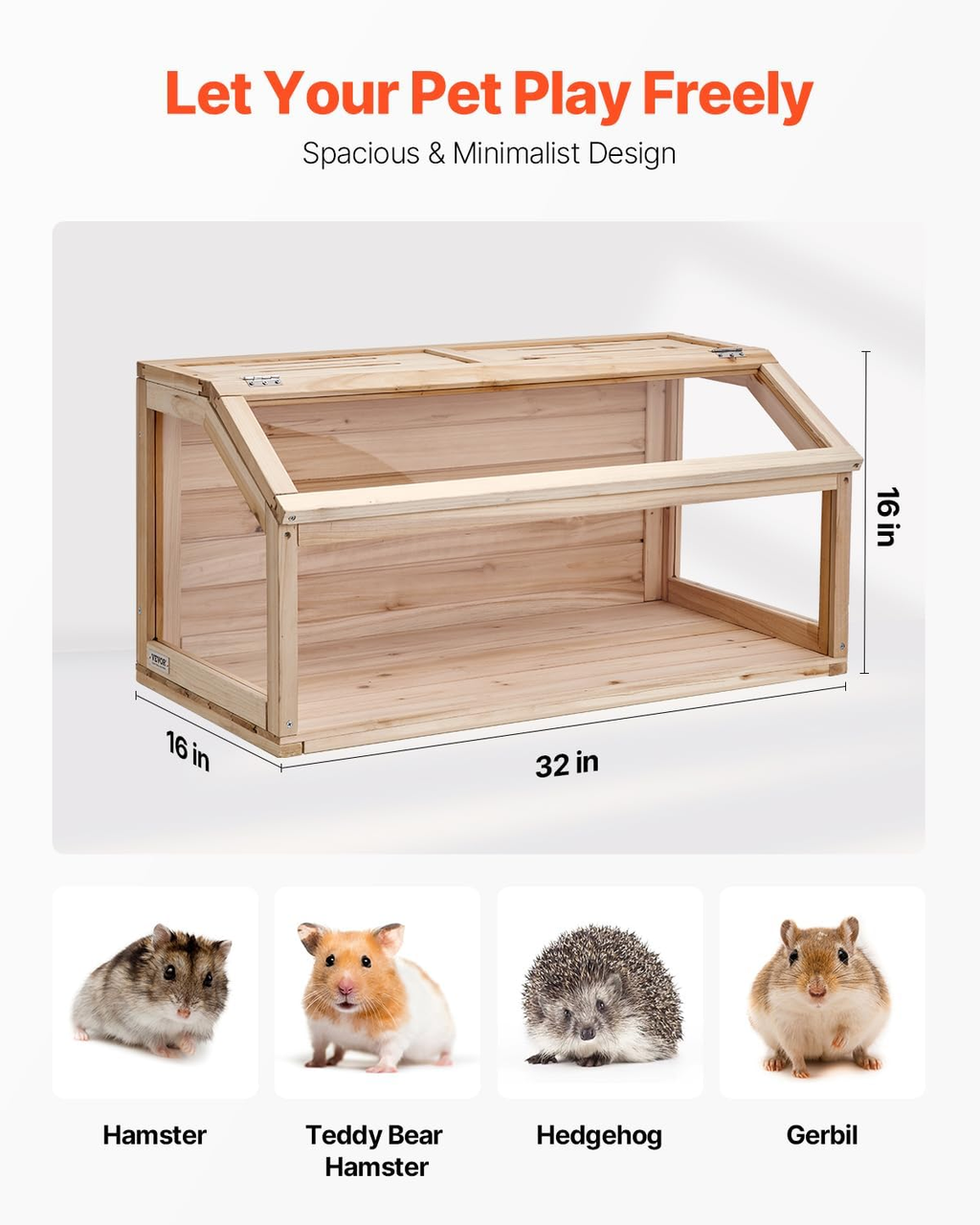 Wooden Hamster Cage, 270º Viewing Hamster Habitat, 32 x 16 x 16 in, Dwarf Hamster Cages with Openable Top, Ventilated Small Animal Cage, Pet Mouse, Gerbils, Rats, Guinea Pigs, Mice