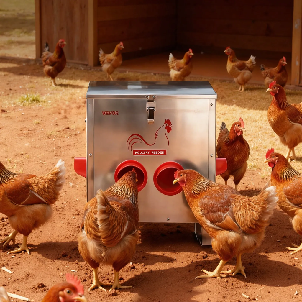 Automatic Chicken Feeder, 25 lbs Capacity, 6 Feeding Ports No-Waste Poultry Feeder, Automatic Gravity, with Handle Latch Lid, Metal Construction, for Chickens Bantams Pheasants Poultry Coop