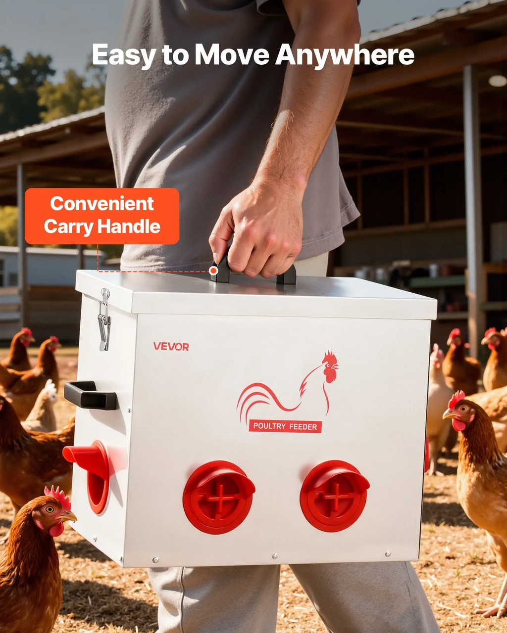 Automatic Chicken Feeder, 40 lbs Capacity, 6 Feeding Ports No-Waste Poultry Feeder with Built-In Divider, with Latch & Handle, Metal Construction, for Chickens Bantams Pheasants Poultry Coop