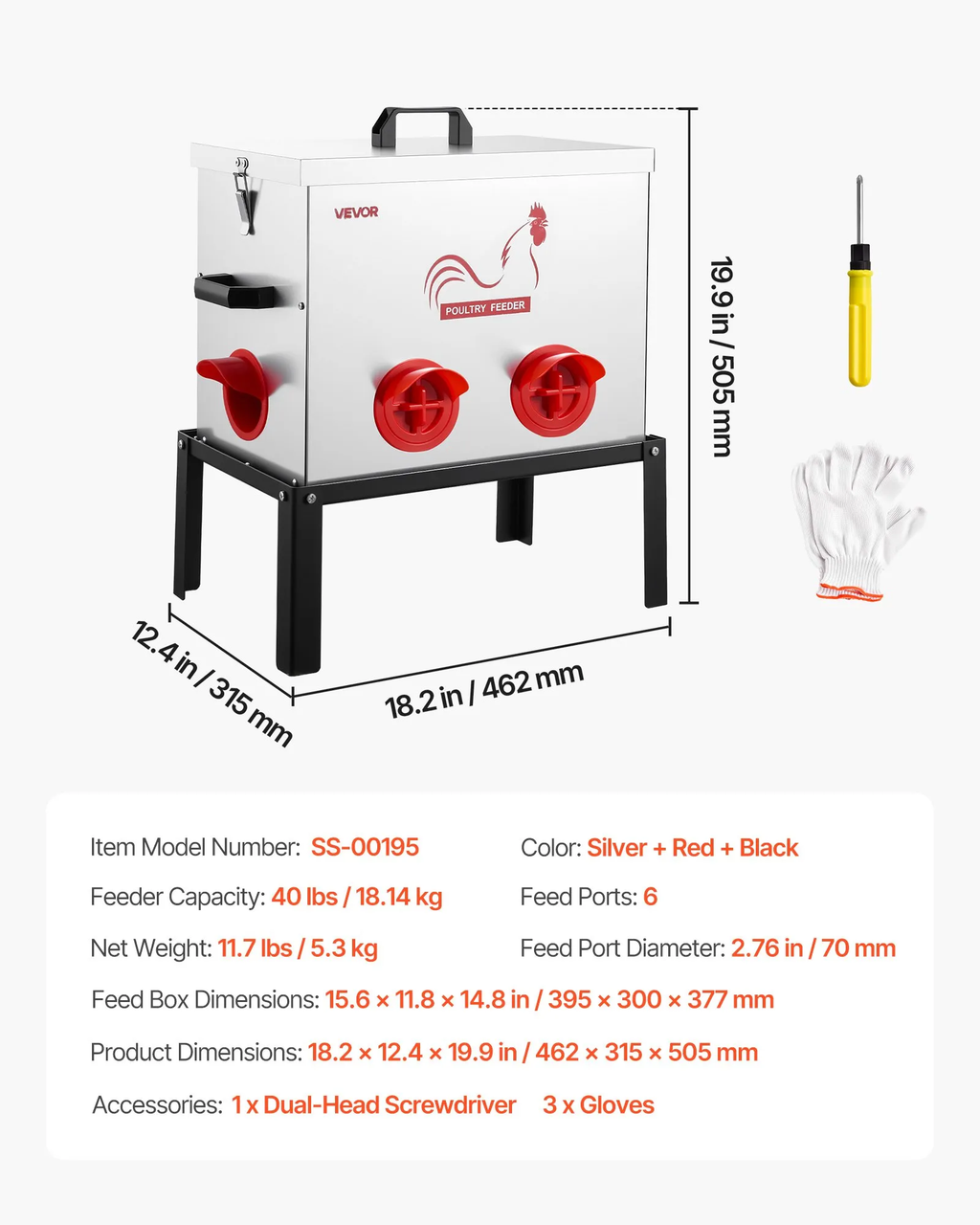 Automatic Chicken Feeder, 40 lbs Capacity, 6 Feeding Ports No-Waste Poultry Feeder with Built-In Divider, with Latch & Handle, Metal Construction, for Chickens Bantams Pheasants Poultry Coop