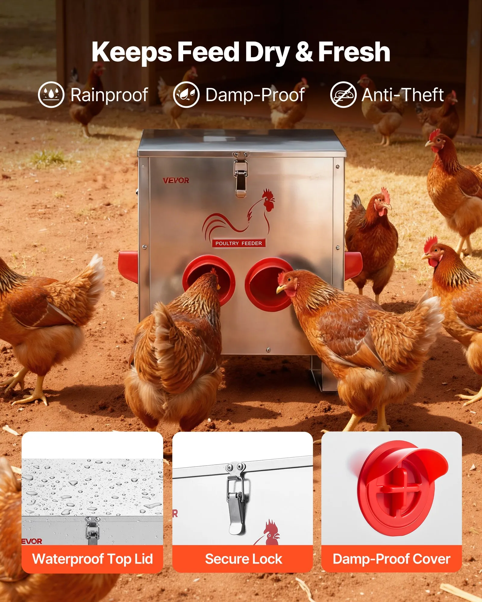 Automatic Chicken Feeder, 25 lbs Capacity, 6 Feeding Ports No-Waste Poultry Feeder, Automatic Gravity, with Handle Latch Lid, Metal Construction, for Chickens Bantams Pheasants Poultry Coop