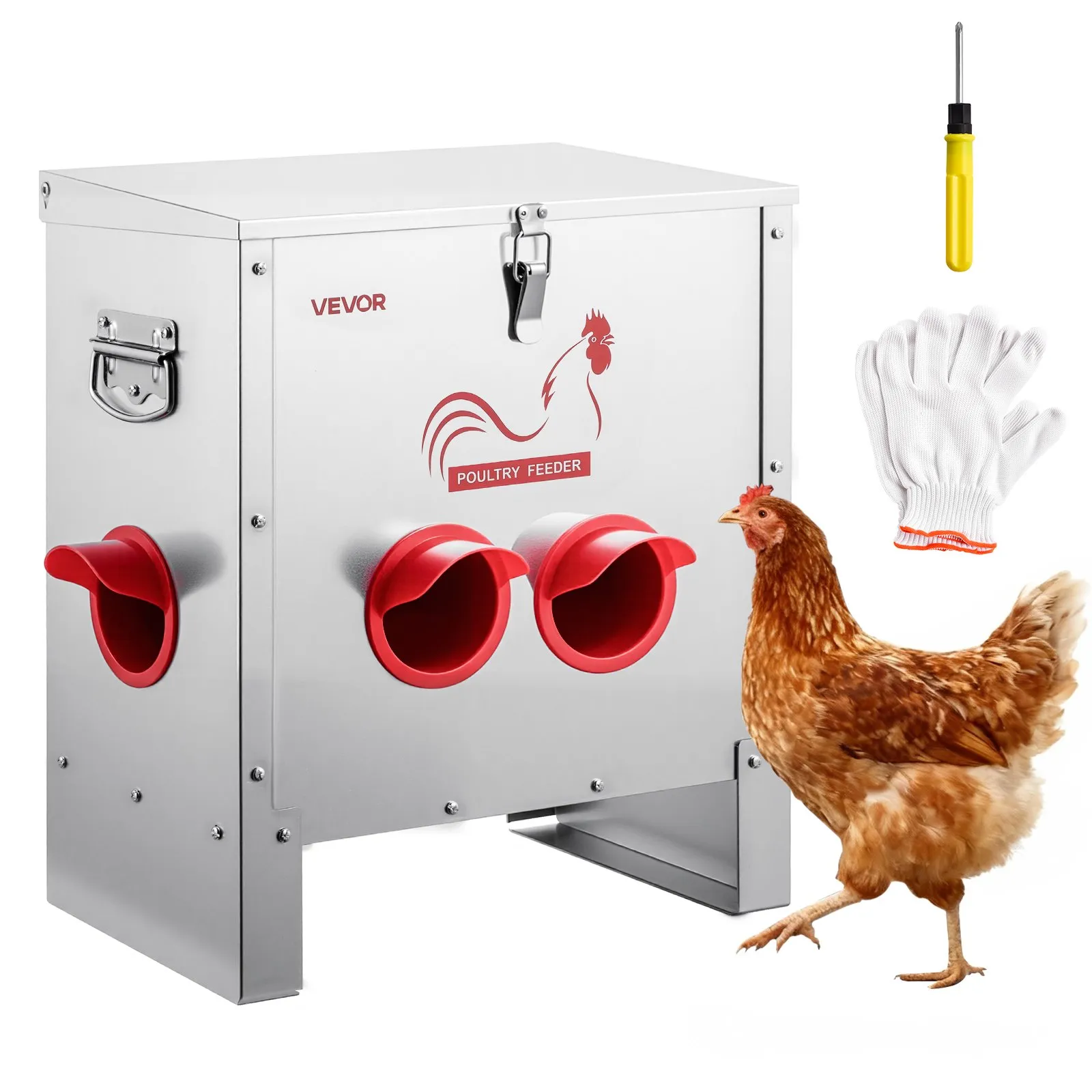 Automatic Chicken Feeder, 25 lbs Capacity, 6 Feeding Ports No-Waste Poultry Feeder, Automatic Gravity, with Handle Latch Lid, Metal Construction, for Chickens Bantams Pheasants Poultry Coop