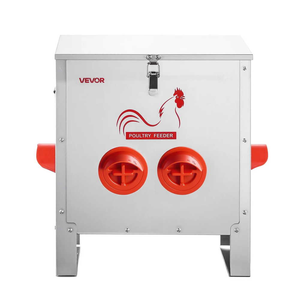Automatic Chicken Feeder, 25 lbs Capacity, 6 Feeding Ports No-Waste Poultry Feeder, Automatic Gravity, with Handle Latch Lid, Metal Construction, for Chickens Bantams Pheasants Poultry Coop