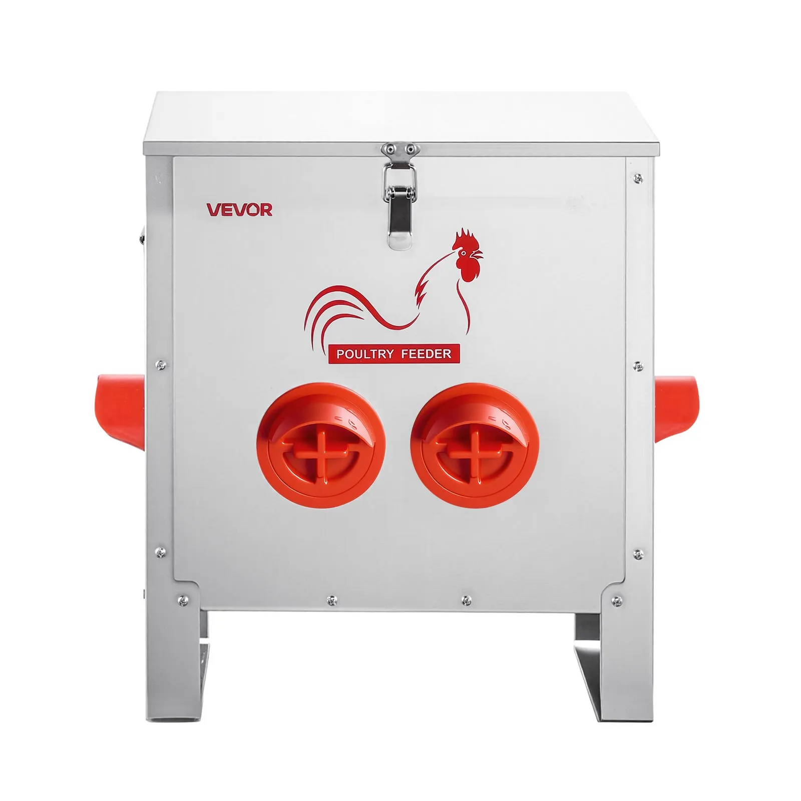 Automatic Chicken Feeder, 25 lbs Capacity, 6 Feeding Ports No-Waste Poultry Feeder, Automatic Gravity, with Handle Latch Lid, Metal Construction, for Chickens Bantams Pheasants Poultry Coop