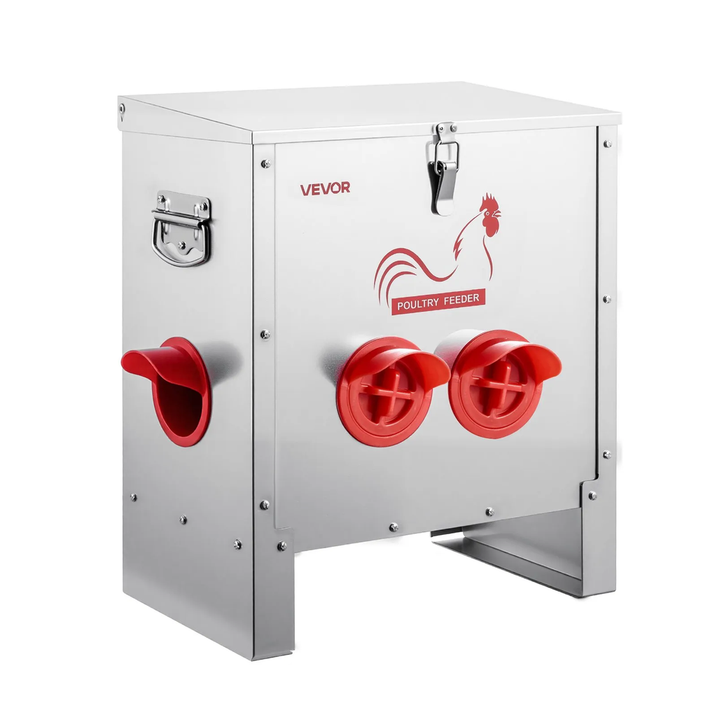 Automatic Chicken Feeder, 25 lbs Capacity, 6 Feeding Ports No-Waste Poultry Feeder, Automatic Gravity, with Handle Latch Lid, Metal Construction, for Chickens Bantams Pheasants Poultry Coop