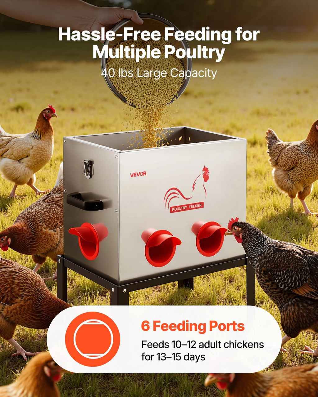 Automatic Chicken Feeder, 40 lbs Capacity, 6 Feeding Ports No-Waste Poultry Feeder with Built-In Divider, with Latch & Handle, Metal Construction, for Chickens Bantams Pheasants Poultry Coop