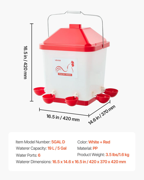 5 Gallon Automatic Chicken Waterer, 6 Water Ports, Automatic-Fill Water Cup, Automatic Gravity Waterer with Handle & Sealed Rubber Ring, Waterproof PP Material, No Waste Design, for Chicken