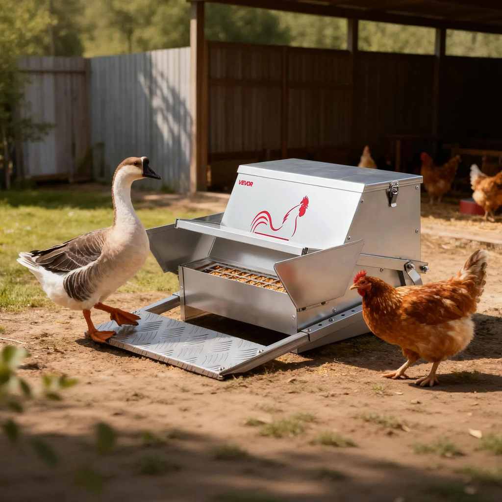 Automatic Chicken Feeder, 40 lbs Capacity, Rainproof Treadle Poultry Feeder with Lockable Lid, No Waste, Galvanized Steel Construction, Outdoor Use, for Chicken, Bantams, Poultry, Pheasants