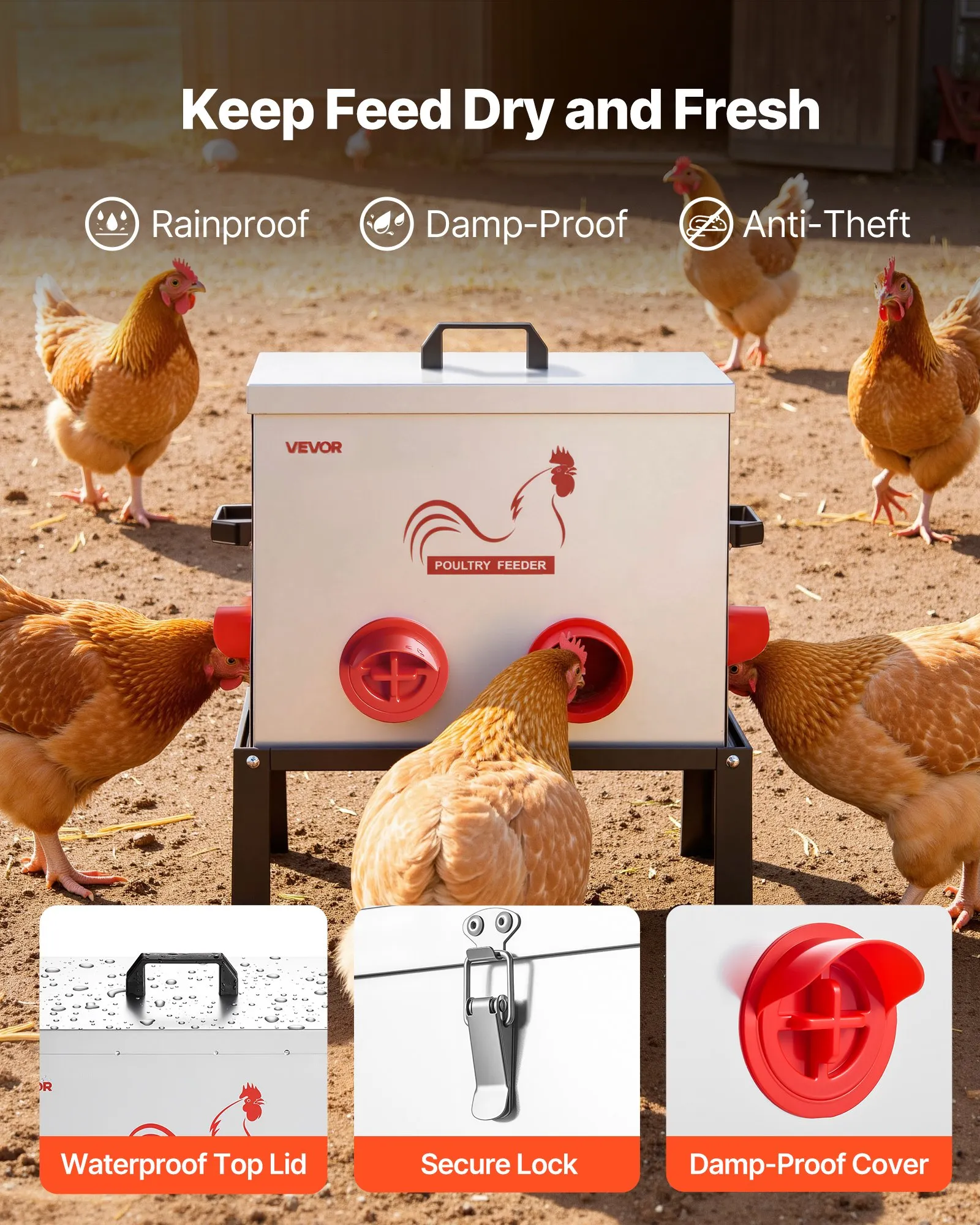 Automatic Chicken Feeder, 85 lbs Capacity, 6 Feeding Ports No-Waste Poultry Feeder with Built-In Divider, with Latch & Handle, Metal Construction, for Chickens Bantams Pheasants Poultry Coop