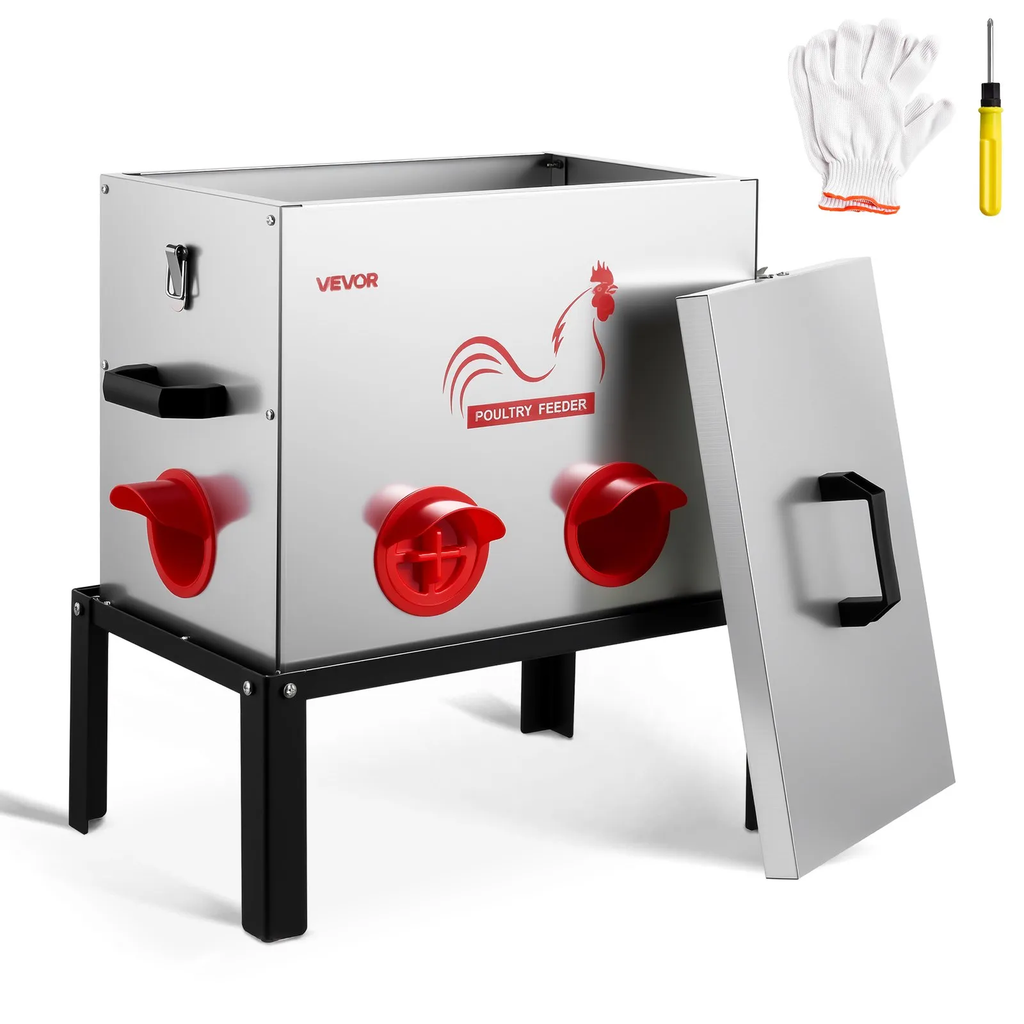 Automatic Chicken Feeder, 85 lbs Capacity, 6 Feeding Ports No-Waste Poultry Feeder with Built-In Divider, with Latch & Handle, Metal Construction, for Chickens Bantams Pheasants Poultry Coop