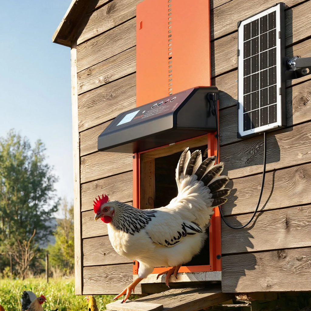 Automatic Chicken Coop Door, Solar & Battery Powered Chicken Door with LCD Display, Remote Control, Light Sensor & Timer, Anti-Pinch Security, Aluminum Alloy Chick Run Gate Opener, Orange