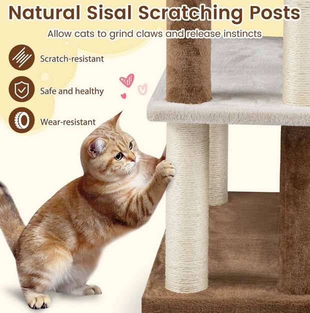 2-in-1 Cat Tree Tower Pet Steps with Sisal Scratching Posts and 4 Large Platforms-Brown - Color: Brown