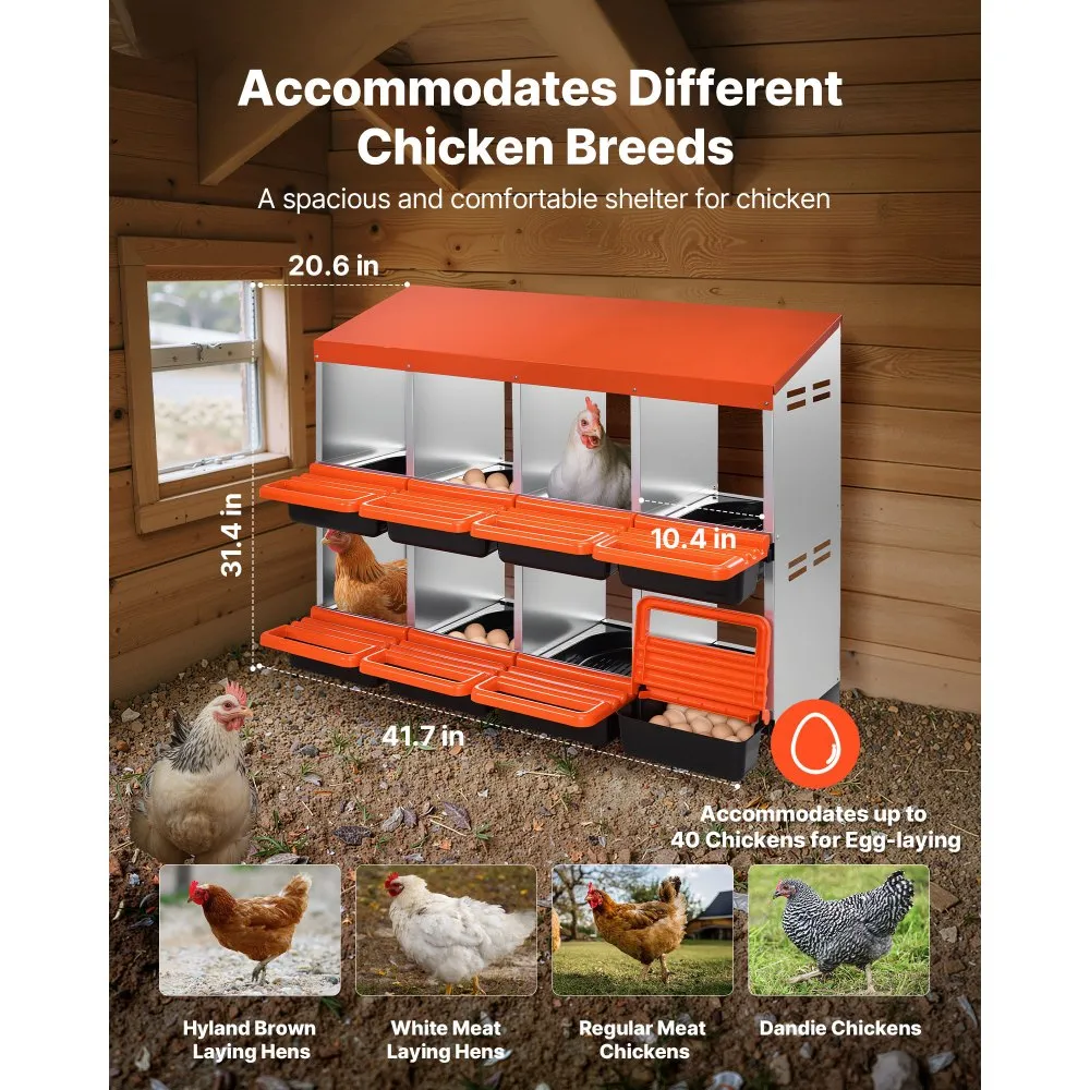 2 Tiers Chicken Nesting Boxes, 8 Compartments, Metal Egg Laying Boxes with Protective collection Lids, Roll Out Nesting Box, Easy to Assemble, Ideal for Hens, Ducks, Chickens, and Other Poultry