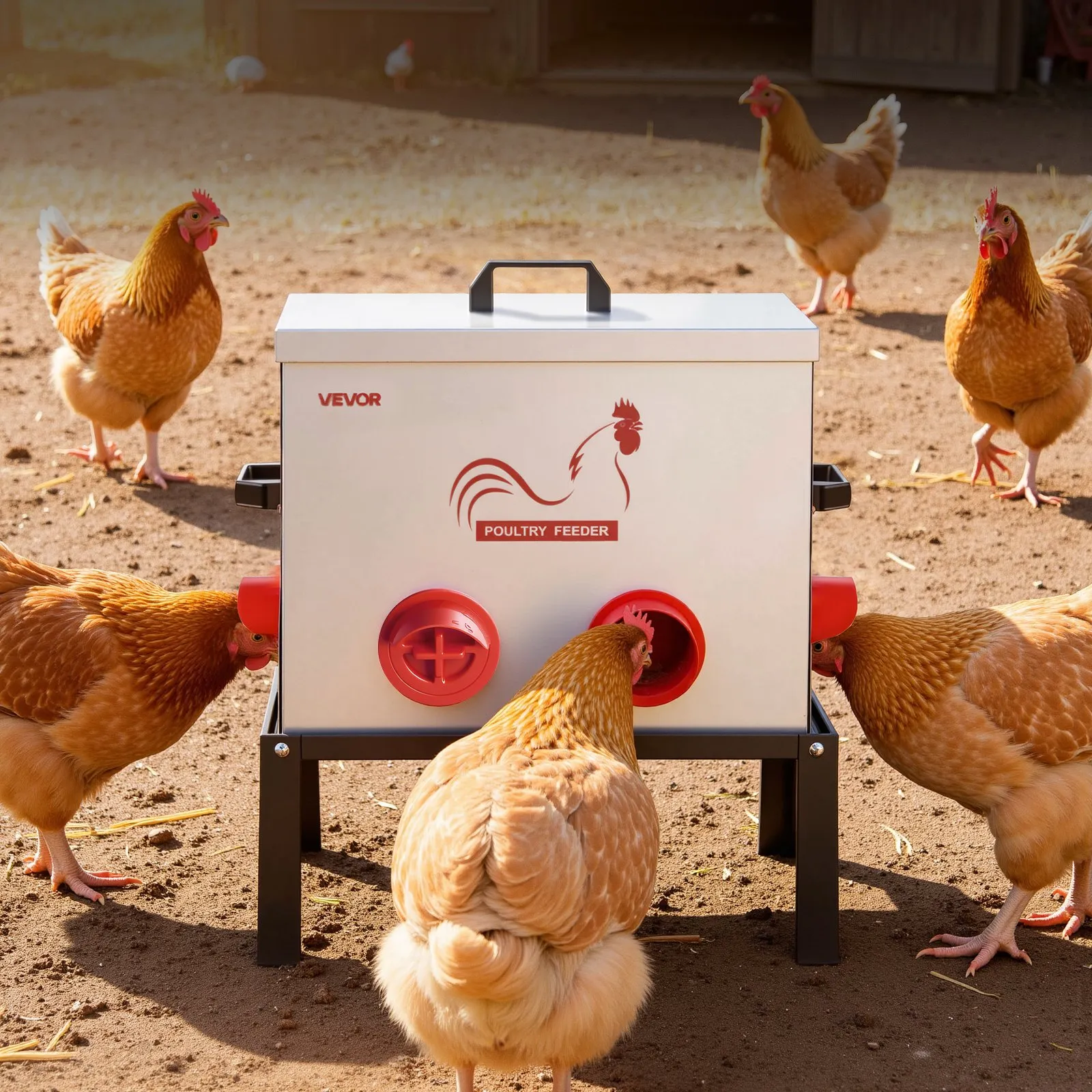Automatic Chicken Feeder, 85 lbs Capacity, 6 Feeding Ports No-Waste Poultry Feeder with Built-In Divider, with Latch & Handle, Metal Construction, for Chickens Bantams Pheasants Poultry Coop