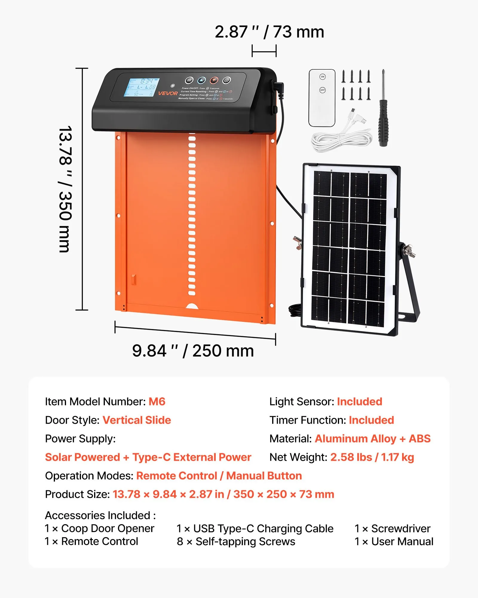 Automatic Chicken Coop Door, Solar & Battery Powered Chicken Door with LCD Display, Remote Control, Light Sensor & Timer, Anti-Pinch Security, Aluminum Alloy Chick Run Gate Opener, Orange