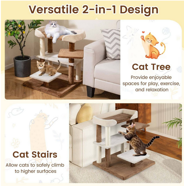 2-in-1 Cat Tree Tower Pet Steps with Sisal Scratching Posts and 4 Large Platforms-Brown - Color: Brown