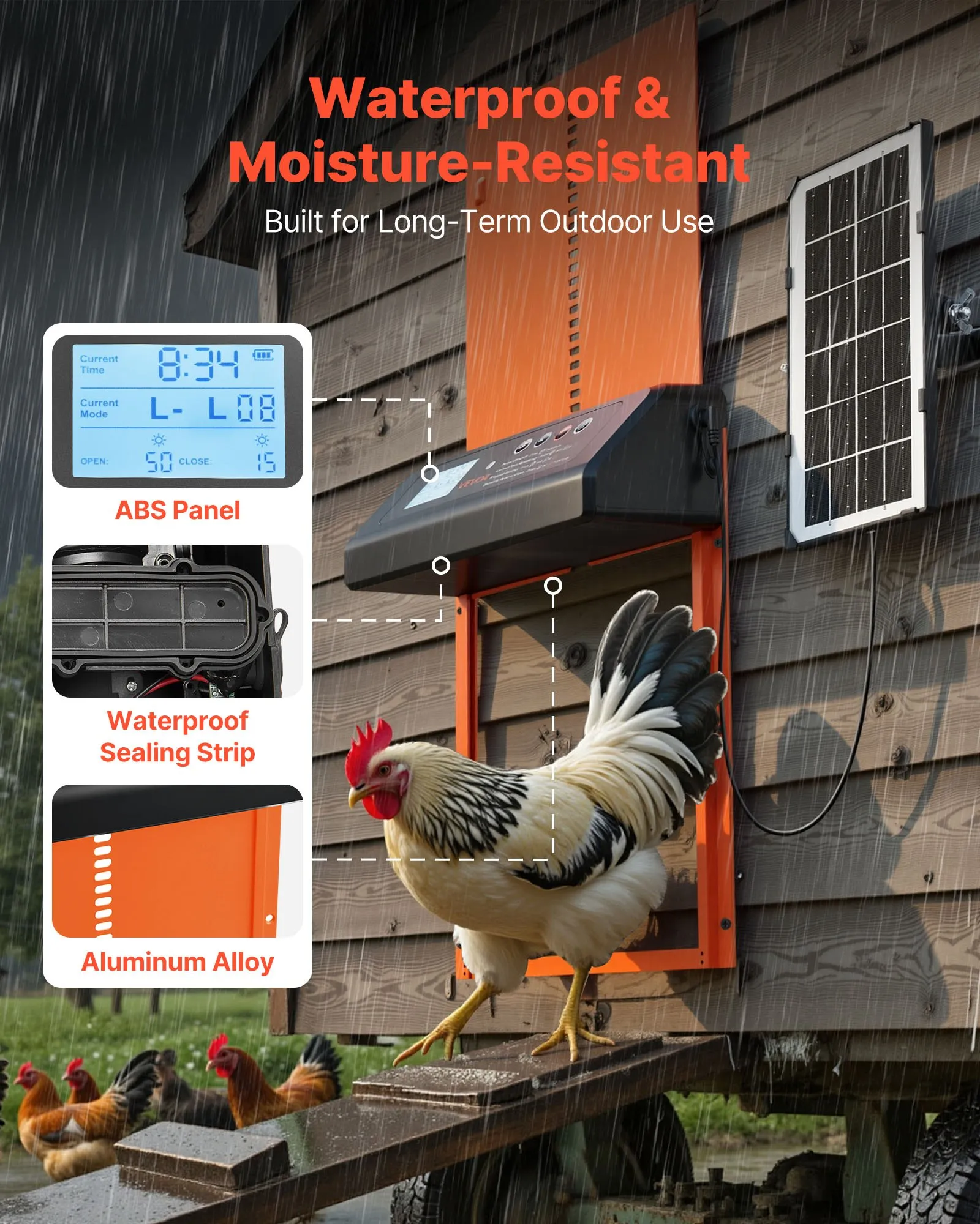Automatic Chicken Coop Door, Solar & Battery Powered Chicken Door with LCD Display, Remote Control, Light Sensor & Timer, Anti-Pinch Security, Aluminum Alloy Chick Run Gate Opener, Orange