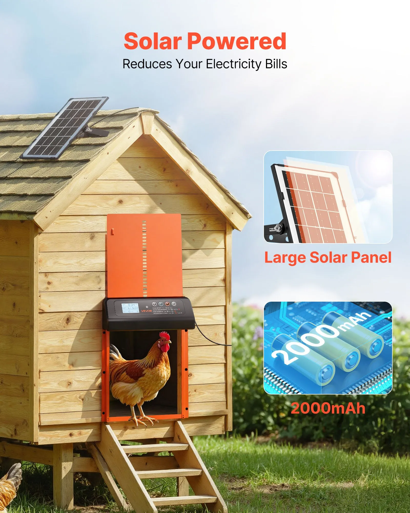 Automatic Chicken Coop Door, Solar & Battery Powered Chicken Door with LCD Display, Remote Control, Light Sensor & Timer, Anti-Pinch Security, Aluminum Alloy Chick Run Gate Opener, Orange