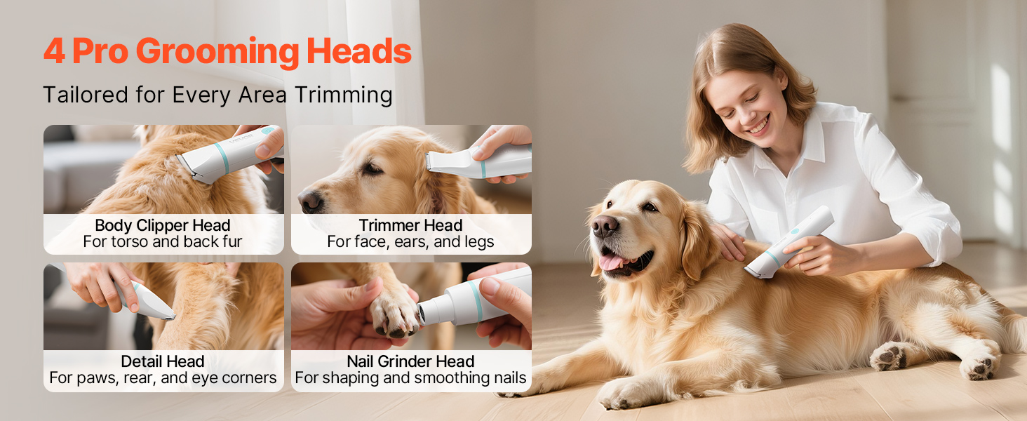 Dog Clippers for Grooming, 4 in 1 Dog Grooming Kit, Low Noise, Rechargeable Pet Shaver with 6 Combs & 4 Detachable Blades, Waterproof Cordless Pet Hair Trimmers Nail Grinder Set for Dogs Cats