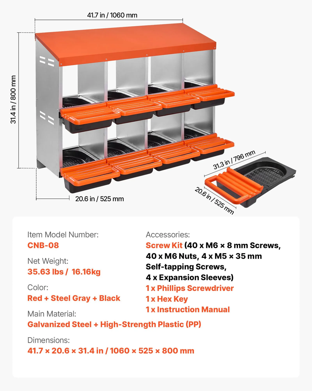 2 Tiers Chicken Nesting Boxes, 8 Compartments, Metal Egg Laying Boxes with Protective collection Lids, Roll Out Nesting Box, Easy to Assemble, Ideal for Hens, Ducks, Chickens, and Other Poultry