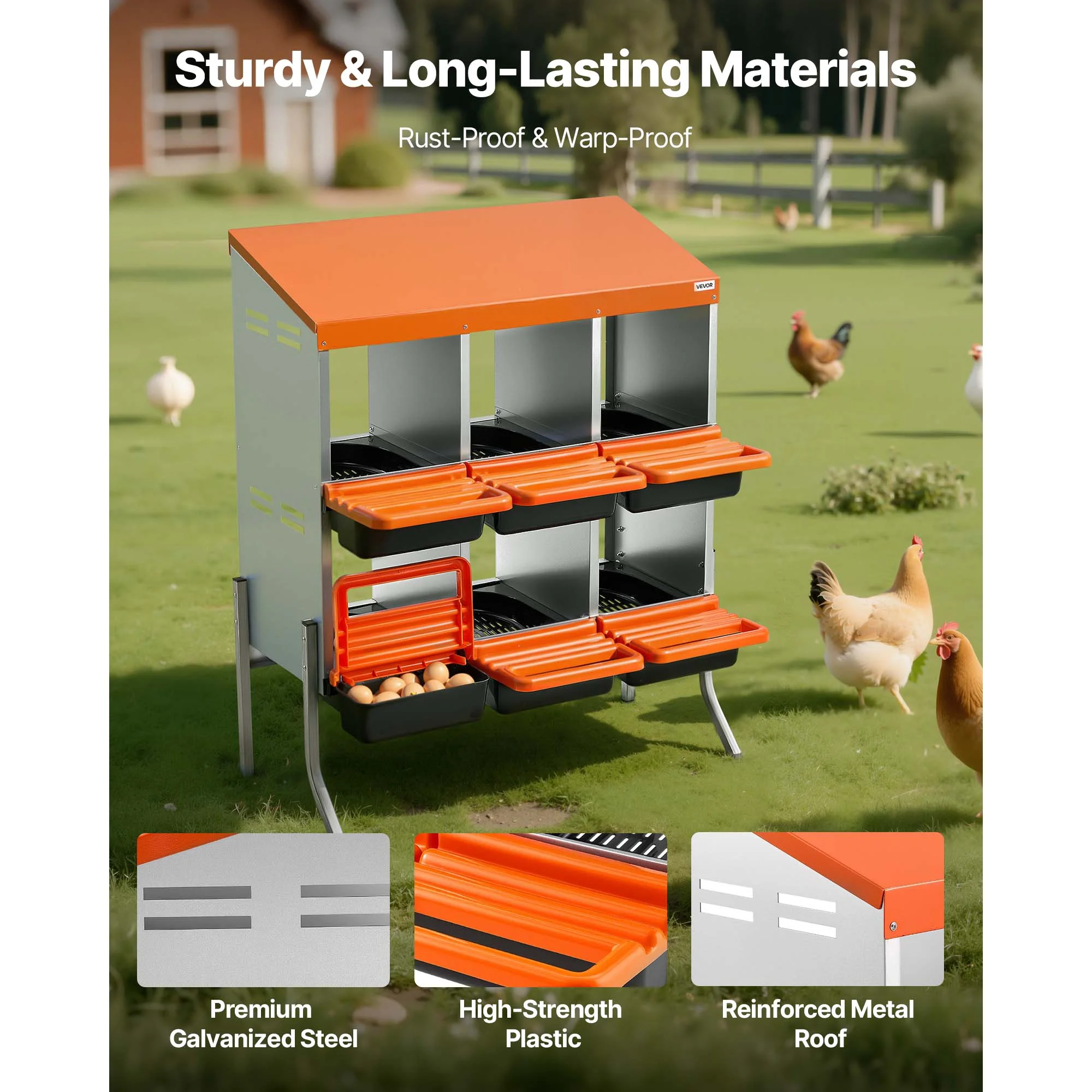 Chicken Nesting Boxes, 6 Compartments, with Support Legs, Easy Egg Collection, Galvanized Steel and High-Strength Plastic, Roll Away Nesting Boxes for Chickens and Hens Laying Eggs, Orange