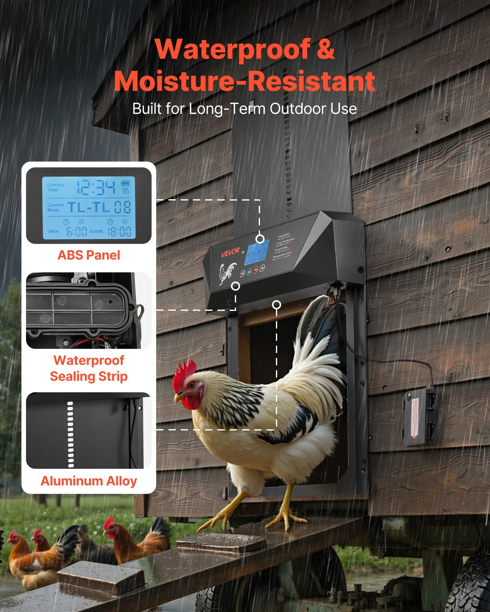 Automatic Chicken Coop Door, DC & Battery Powered Chicken Door with LCD Display, Light Sensor, Timer & Manual Setting, Anti-Pinch Security, Durable Aluminum Alloy, Chick Run Gate Opener for Farm