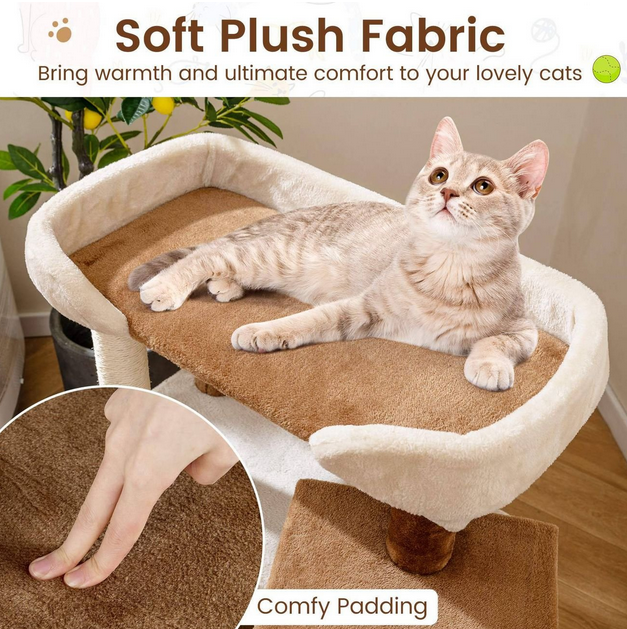 2-in-1 Cat Tree Tower Pet Steps with Sisal Scratching Posts and 4 Large Platforms-Brown - Color: Brown