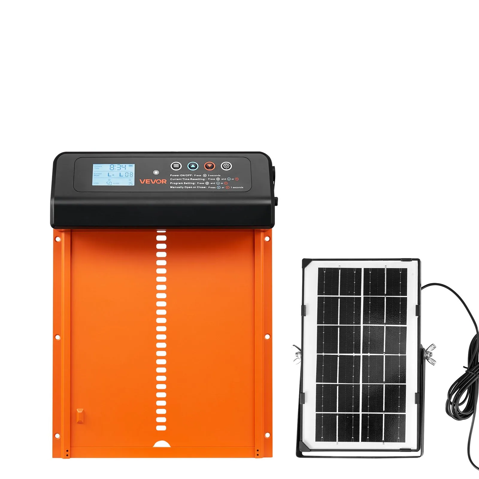 Automatic Chicken Coop Door, Solar & Battery Powered Chicken Door with LCD Display, Remote Control, Light Sensor & Timer, Anti-Pinch Security, Aluminum Alloy Chick Run Gate Opener, Orange