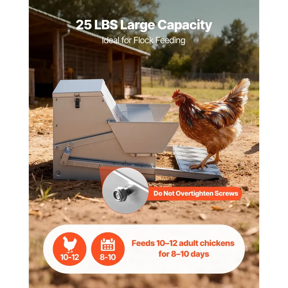 Automatic Chicken Feeder, 25 lbs Capacity, Rainproof Treadle Poultry Feeder with Lockable Lid, No Waste, Galvanized Steel Construction, Outdoor Use, for Chicken, Bantams, Poultry, Pheasants