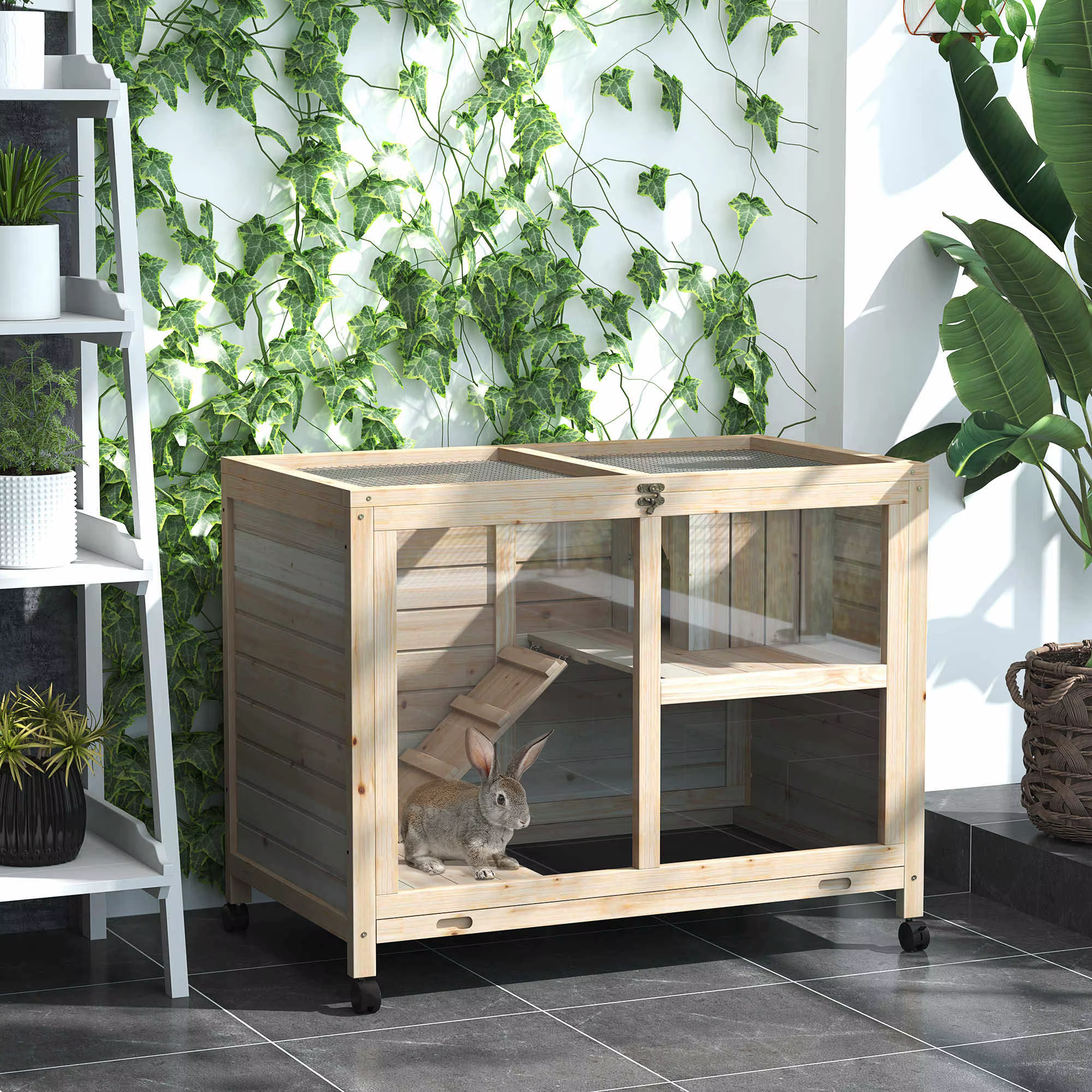 Pet cage /Wood Rabbit Hutch With wheels mobile Plexiglass