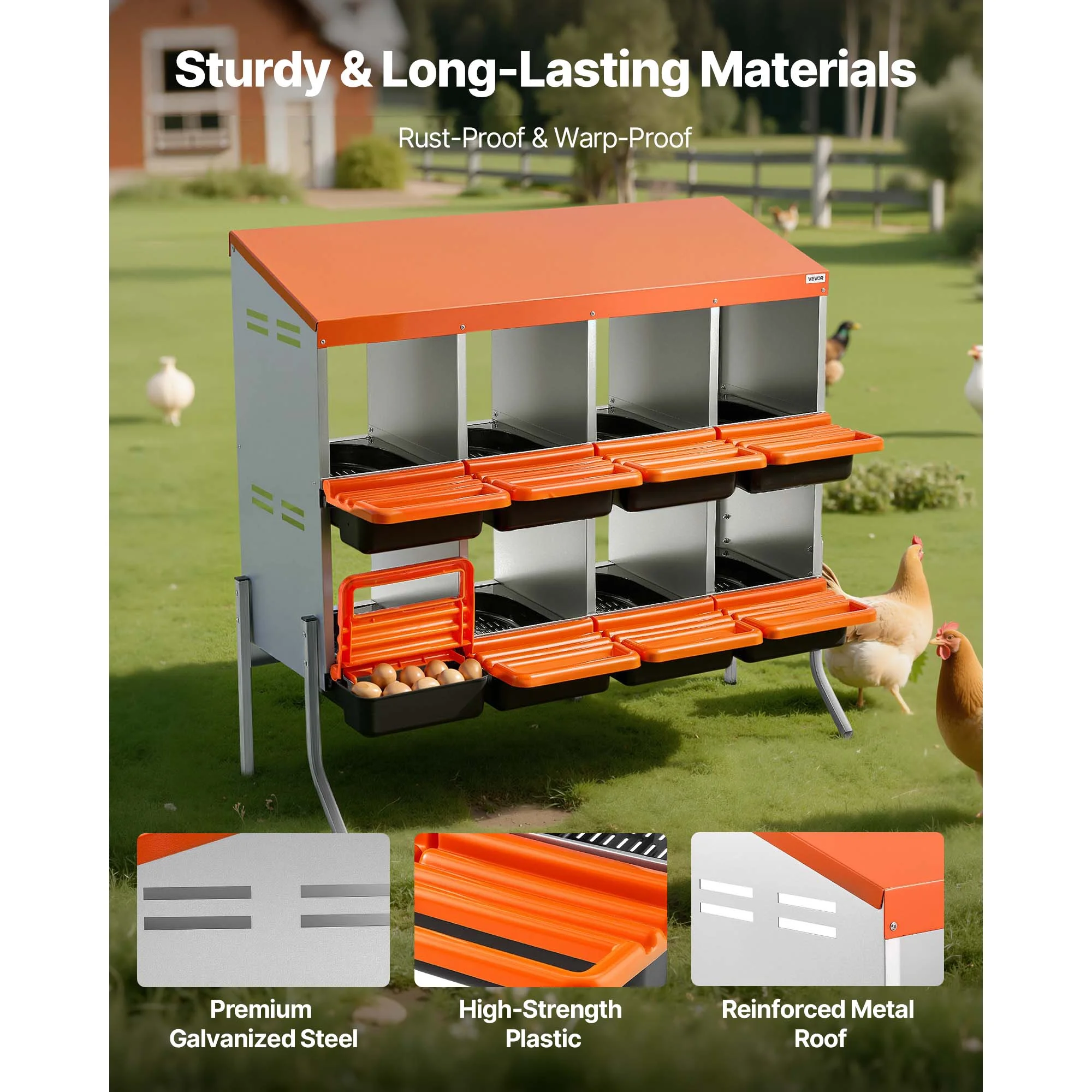 Chicken Nesting Boxes, 8 Compartments, with Support Legs, Easy Egg Collection, Galvanized Steel and High-Strength Plastic, Roll Away Nesting Boxes for Chickens and Hens Laying Eggs, Orange