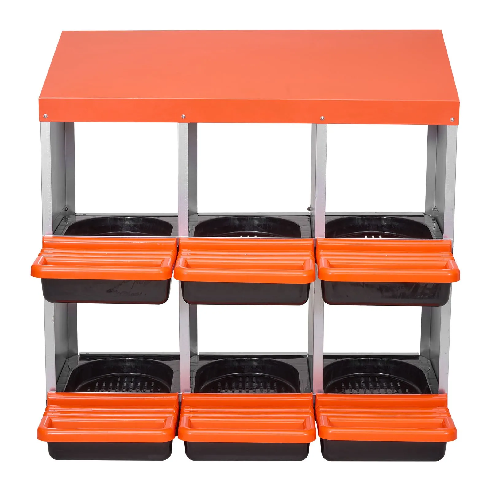 2 Tiers Chicken Nesting Boxes, 6 Compartments, Metal Egg Laying Boxes with Protective Collection Lids, Roll Out Nesting Box, Easy to Assemble, Ideal for Hens, Ducks, Chickens, and Other Poultry