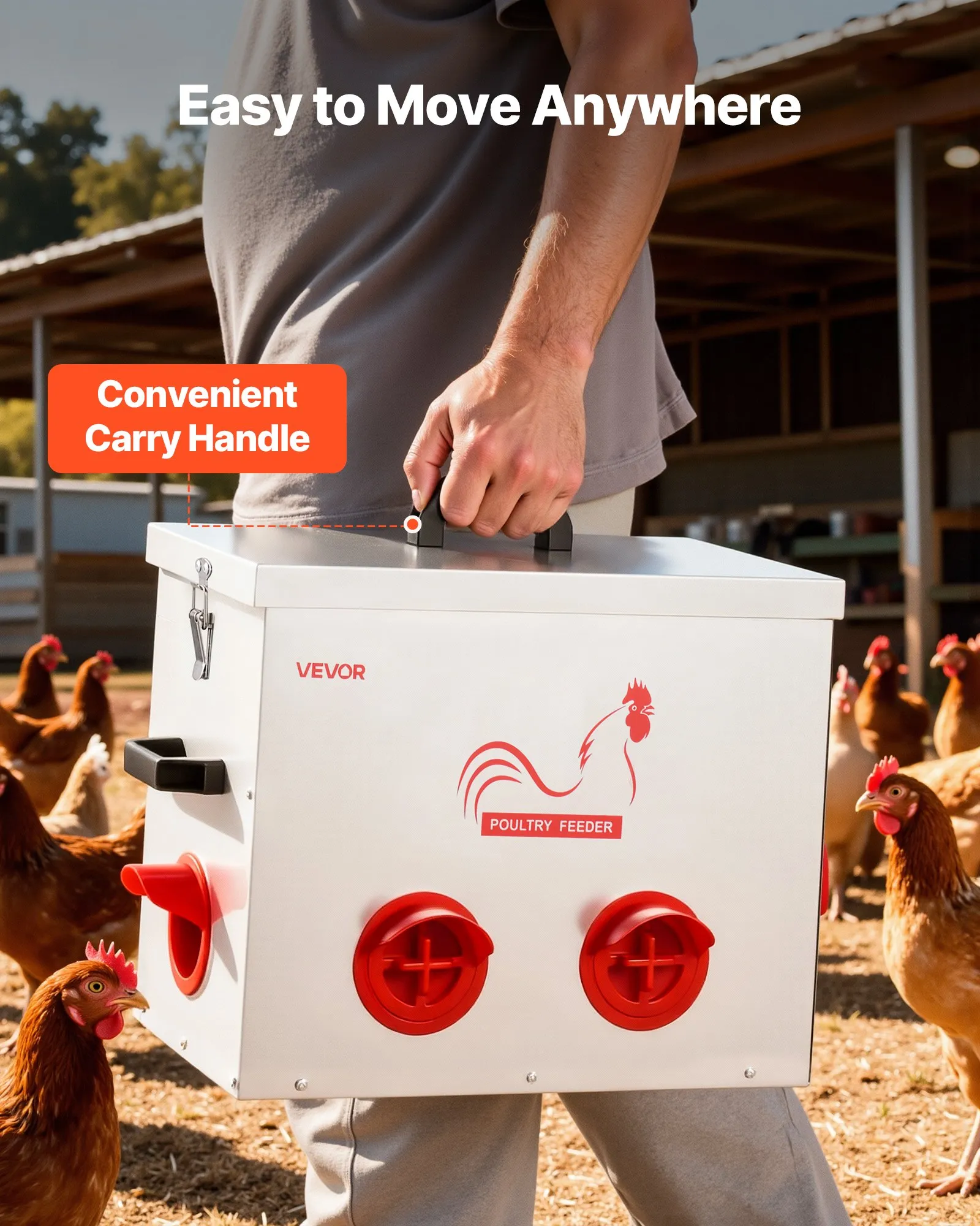 Automatic Chicken Feeder, 85 lbs Capacity, 6 Feeding Ports No-Waste Poultry Feeder with Built-In Divider, with Latch & Handle, Metal Construction, for Chickens Bantams Pheasants Poultry Coop