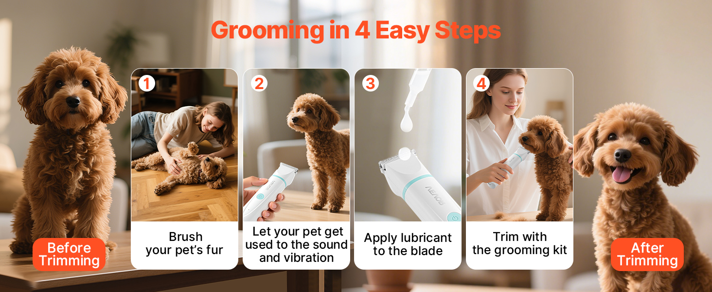 Dog Clippers for Grooming, 4 in 1 Dog Grooming Kit, Low Noise, Rechargeable Pet Shaver with 6 Combs & 4 Detachable Blades, Waterproof Cordless Pet Hair Trimmers Nail Grinder Set for Dogs Cats