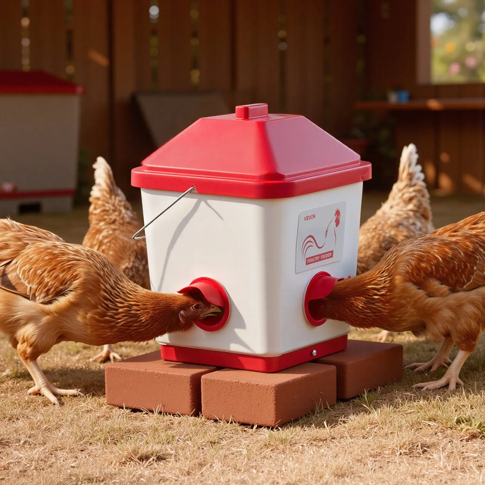 Automatic Chicken Feeder, 40 Pounds Capacity, Large Gravity Hanging Poultry Feeder Dispenser with Handle, No Waste Rainproof Design, 3 Feeding Ports, Inside or Outside Hen Coop, for Chickens