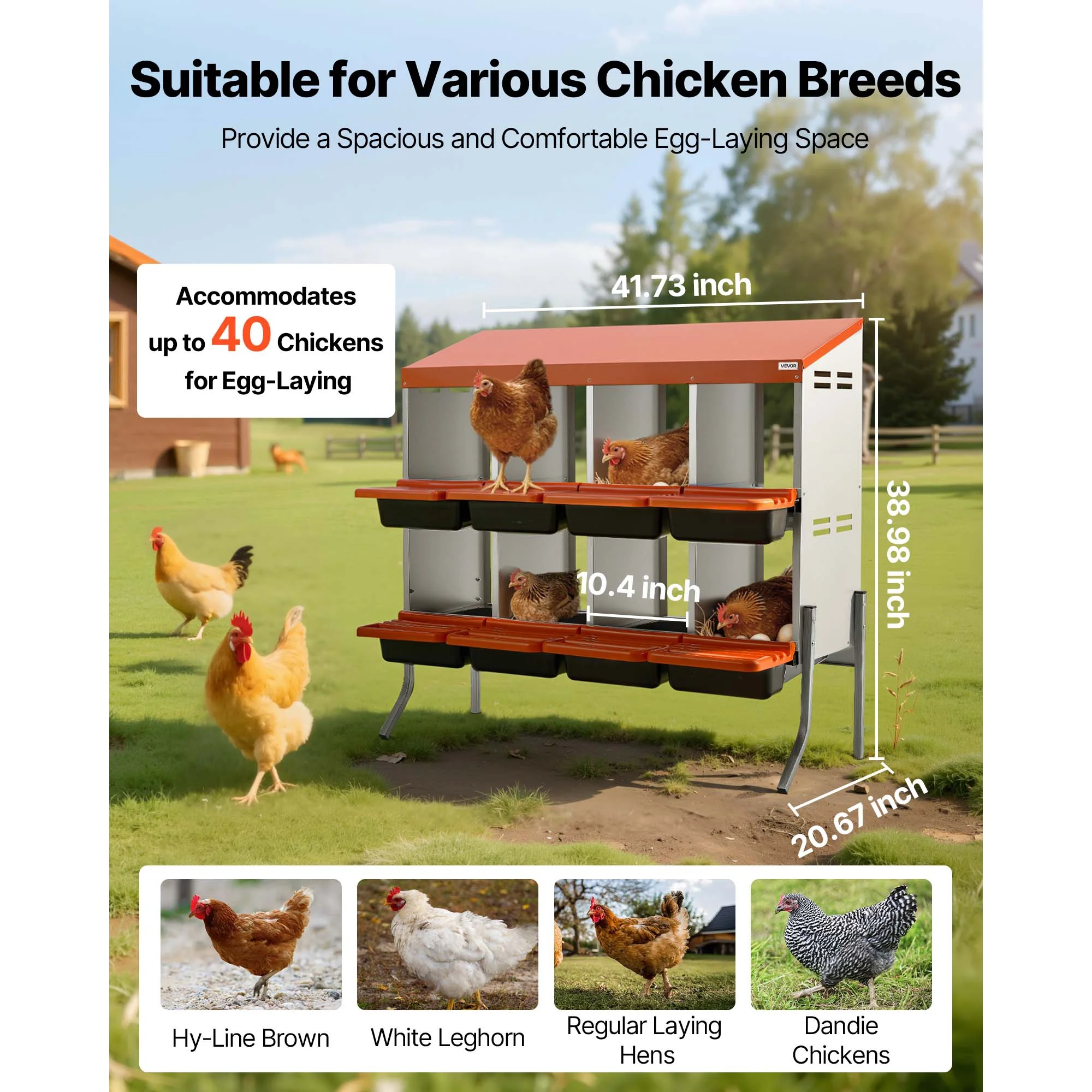 Chicken Nesting Boxes, 8 Compartments, with Support Legs, Easy Egg Collection, Galvanized Steel and High-Strength Plastic, Roll Away Nesting Boxes for Chickens and Hens Laying Eggs, Orange