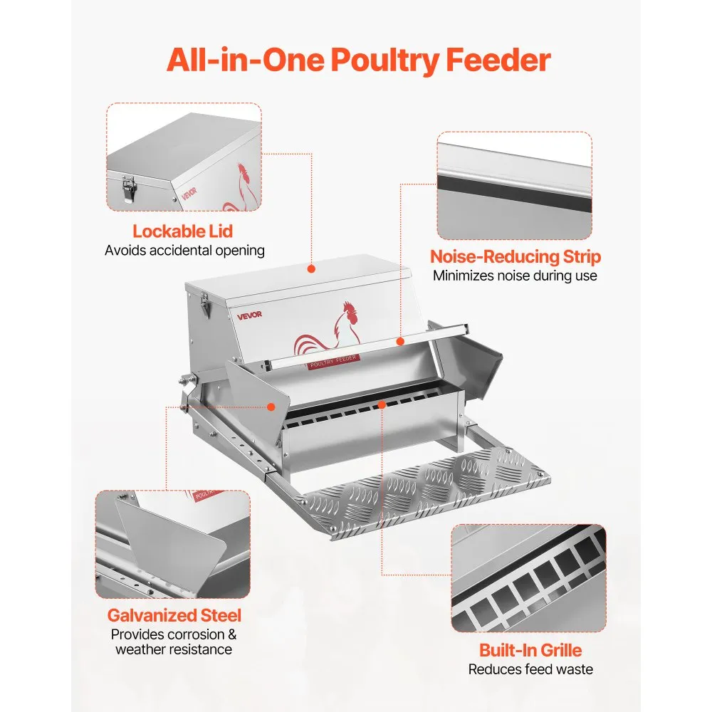 Automatic Chicken Feeder, 25 lbs Capacity, Rainproof Treadle Poultry Feeder with Lockable Lid, No Waste, Galvanized Steel Construction, Outdoor Use, for Chicken, Bantams, Poultry, Pheasants