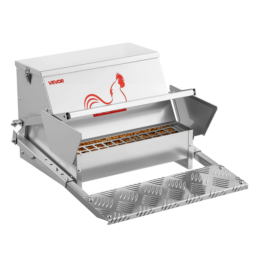 Automatic Chicken Feeder, 40 lbs Capacity, Rainproof Treadle Poultry Feeder with Lockable Lid, No Waste, Galvanized Steel Construction, Outdoor Use, for Chicken, Bantams, Poultry, Pheasants